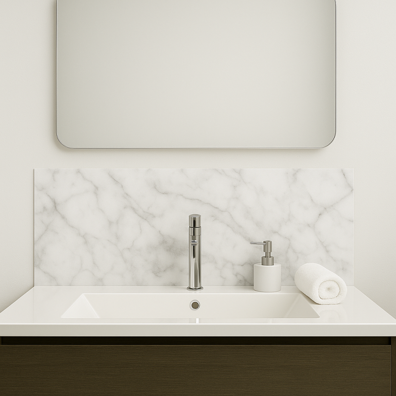 Crédence effet marbre blanc et gris clair sur mesure salle de bain Crédence effet marbre blanc et gris clair sur mesure salle de bain