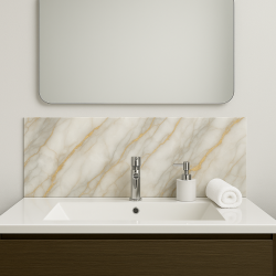 Crédence effet marbre gris et ocre sur mesure salle de bain