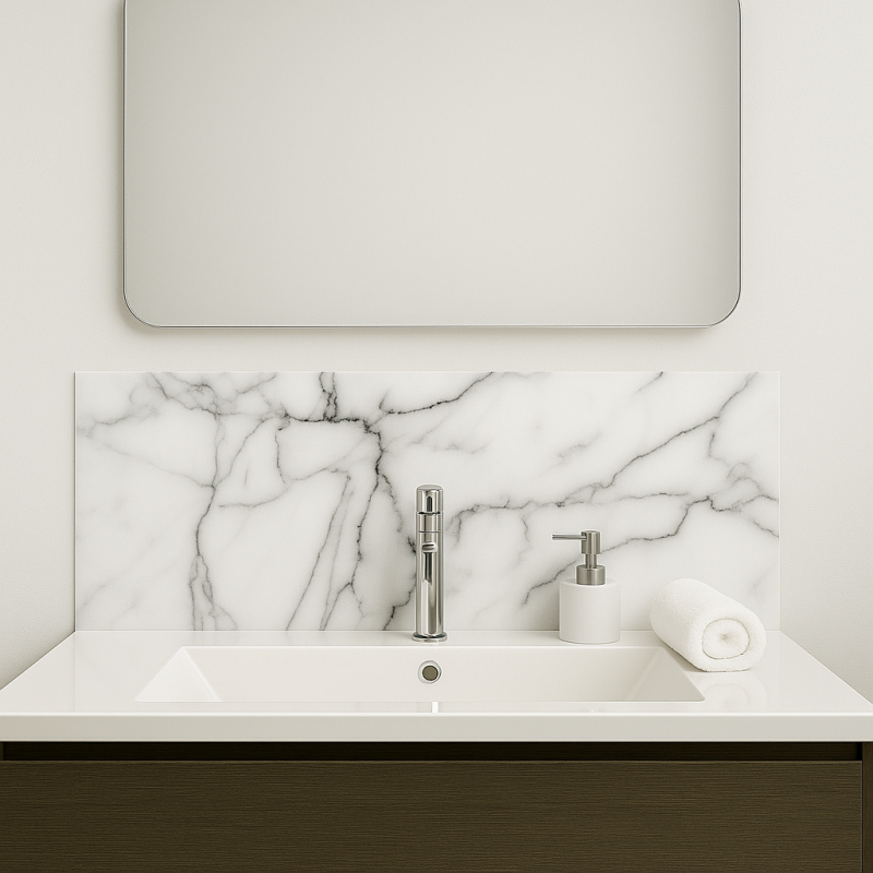 Crédence effet marbre blanc et gris sur mesure salle de bain Crédence effet marbre blanc et gris sur mesure salle de bain