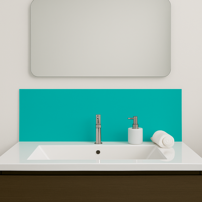 Crédence bleu lagon sur mesure pour salle de bain Crédence bleu lagon sur mesure pour salle de bain